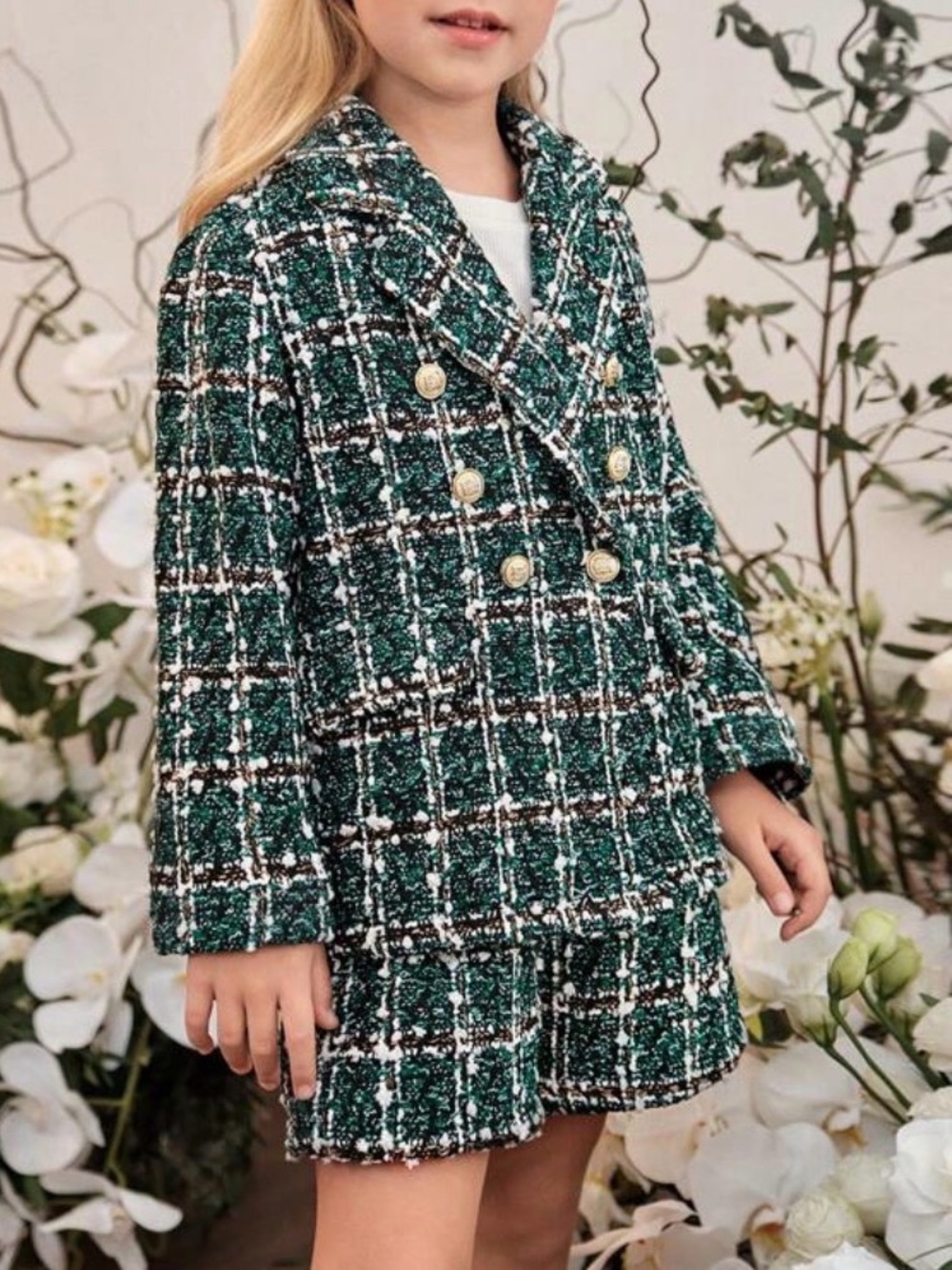 SHEIN Girls Green Tweed Plaid Blazer & Short Set | Size 7Y | Double-Breasted Gol